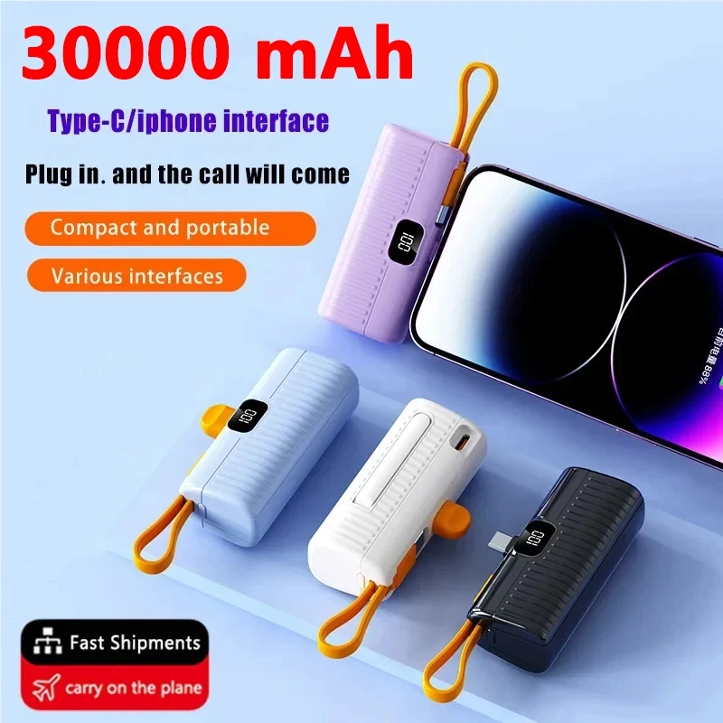 30000mAh Mini Power Bank Built in Cable High Capacity Fast Charging Mobile Power Supply External Battery Charg For iPhone Type-C