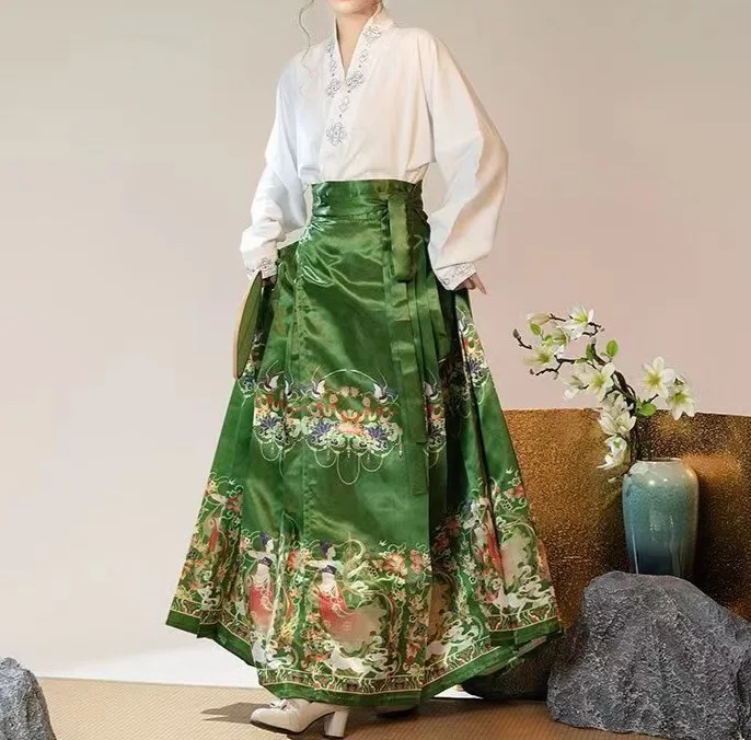 Fashion Retro Green Horse Face Skirt Traditional Chinese Hanfu Daily Travel Party Skirt Fresh Elegant Mamianqun