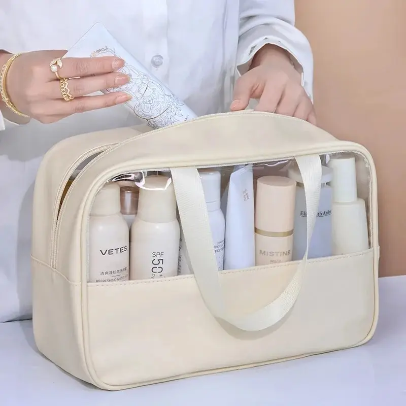 New Summer Beige Transparent Waterproof Makeup Bag Travel Wash Storage Bag Portable Fitness Swimming Handbag PVC