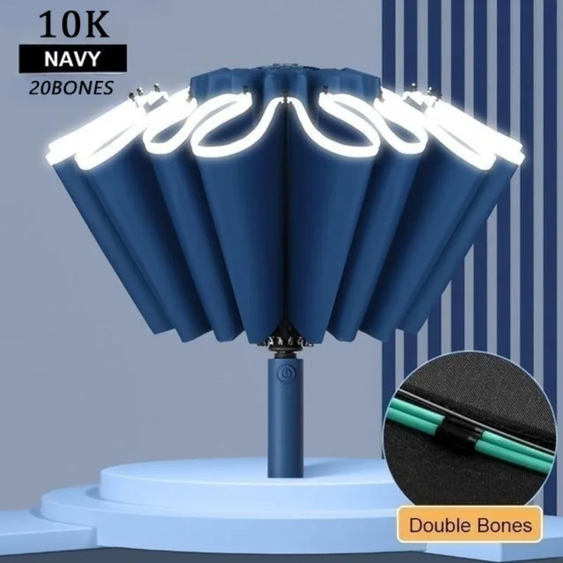 10K 더블 본 리버스 전자동 우산 맨즈 레이디스 대형 방풍 반사 스트라이프 우산 하루우 겸용 우산