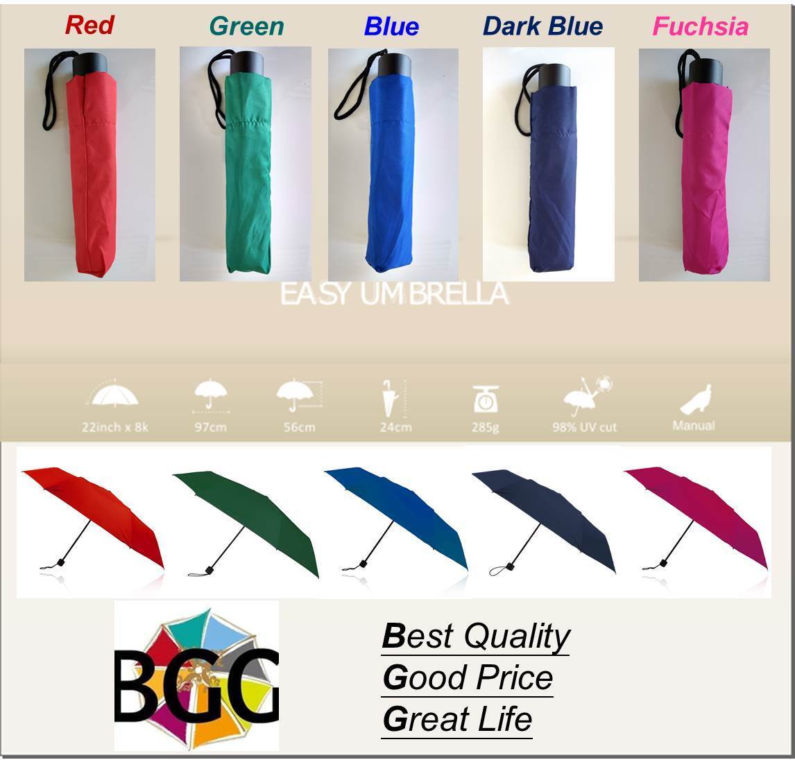 BGG Compact Folding Easy Umbrella Windproof Sun Rain Anti UV various Colors Nwt
