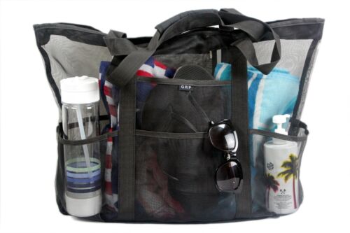 Mesh Beach Bag with Zipper & Pockets – Folding Travel Bag For Beach & Pool